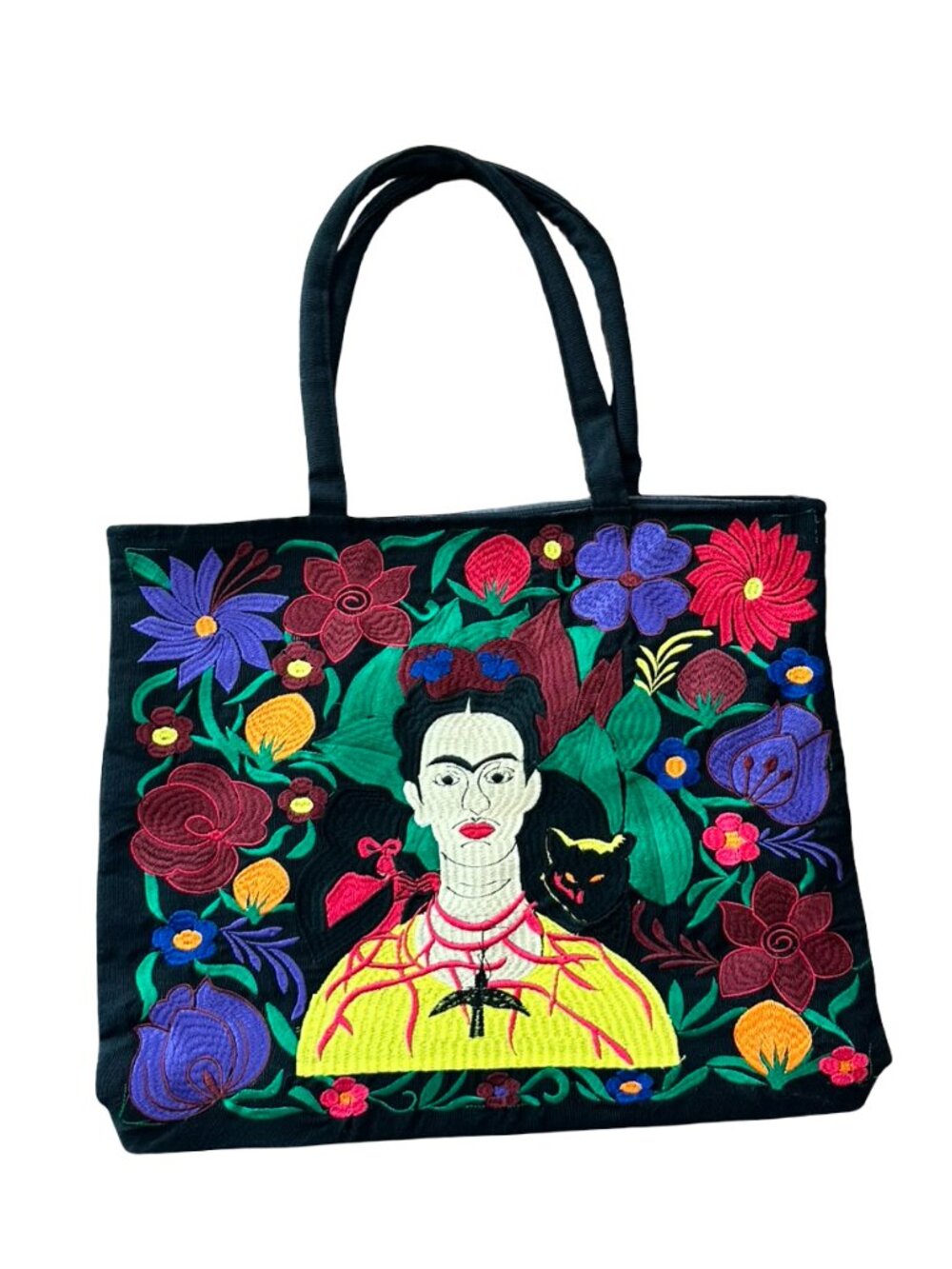 Handmade Cotton Black Frida Kahlo Embroidered Mexican Tote Bag Floral Boho